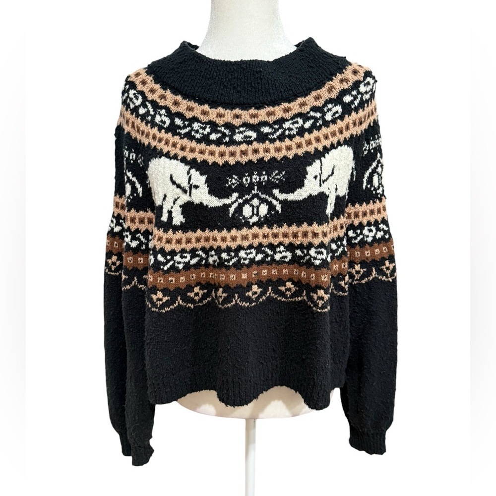 Free People Nellie Fair Isle Elephant Boucle Knit Black Swearer Medium - Picture 3 of 10